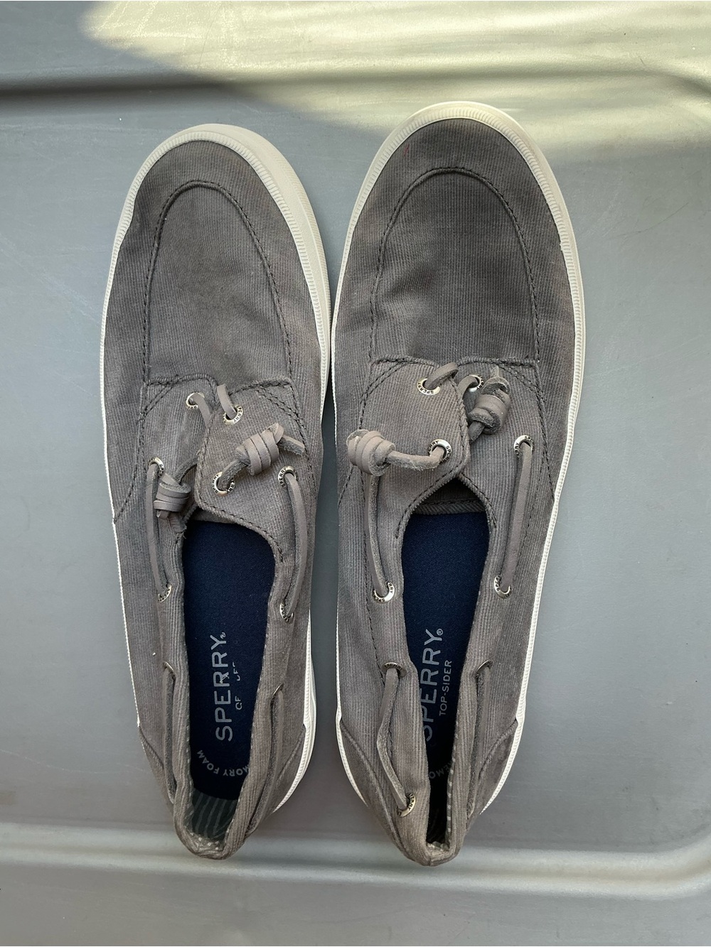 Sperry Gray Canvas Boat Shoes with White Soles